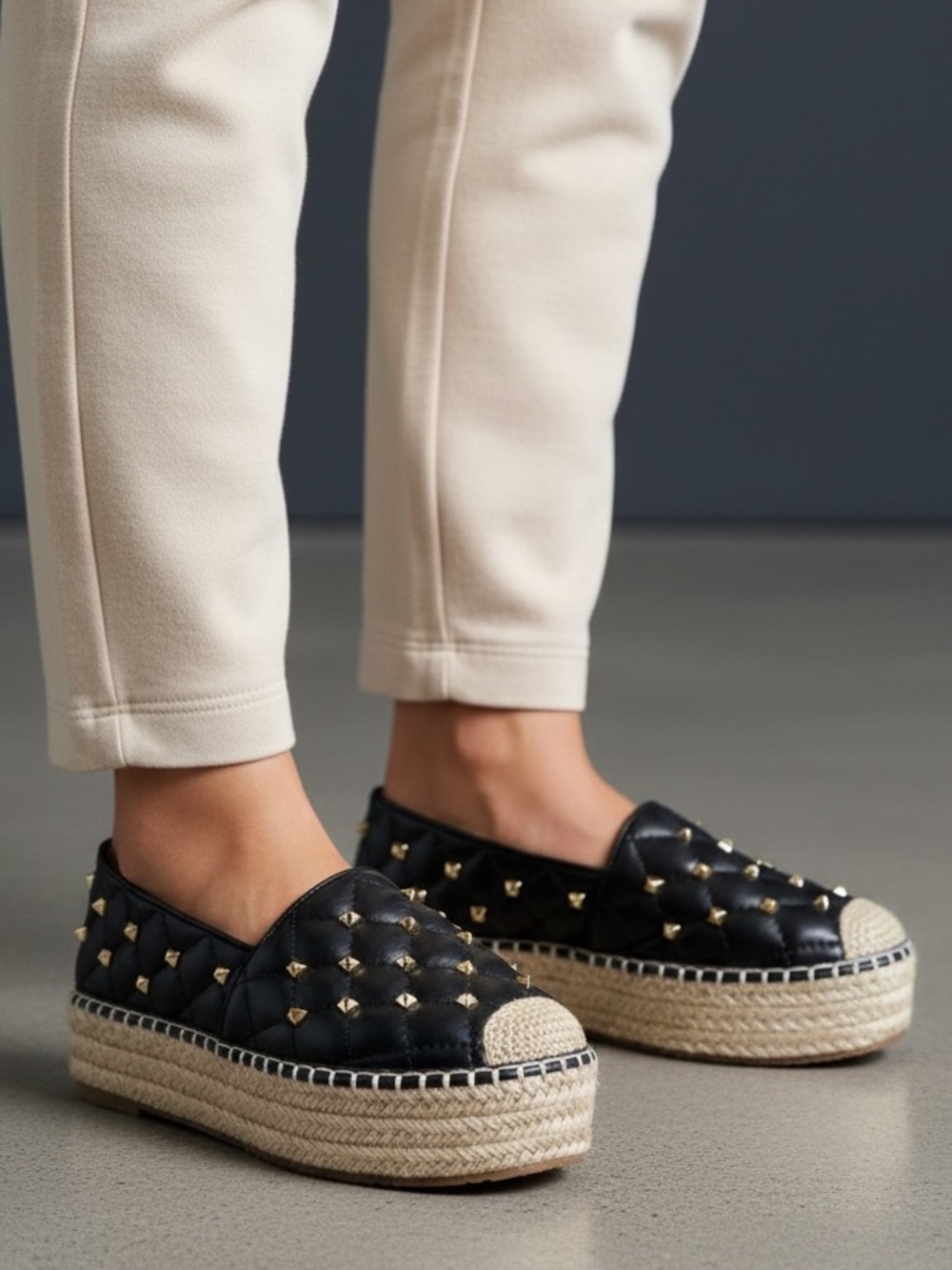 Prima Donna black gold-studded platform wedge sneaker loafer, 36, Slip Ons